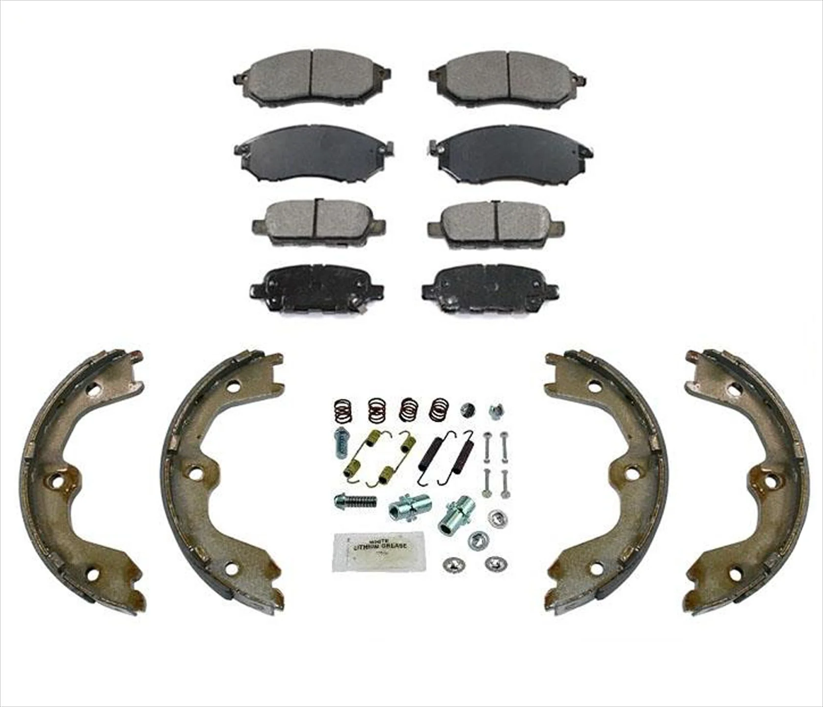 For 08-12 Infiniti EX35 Ft & Rr Ceramic Brake Pads + Parking Shoes Springs 4Pc