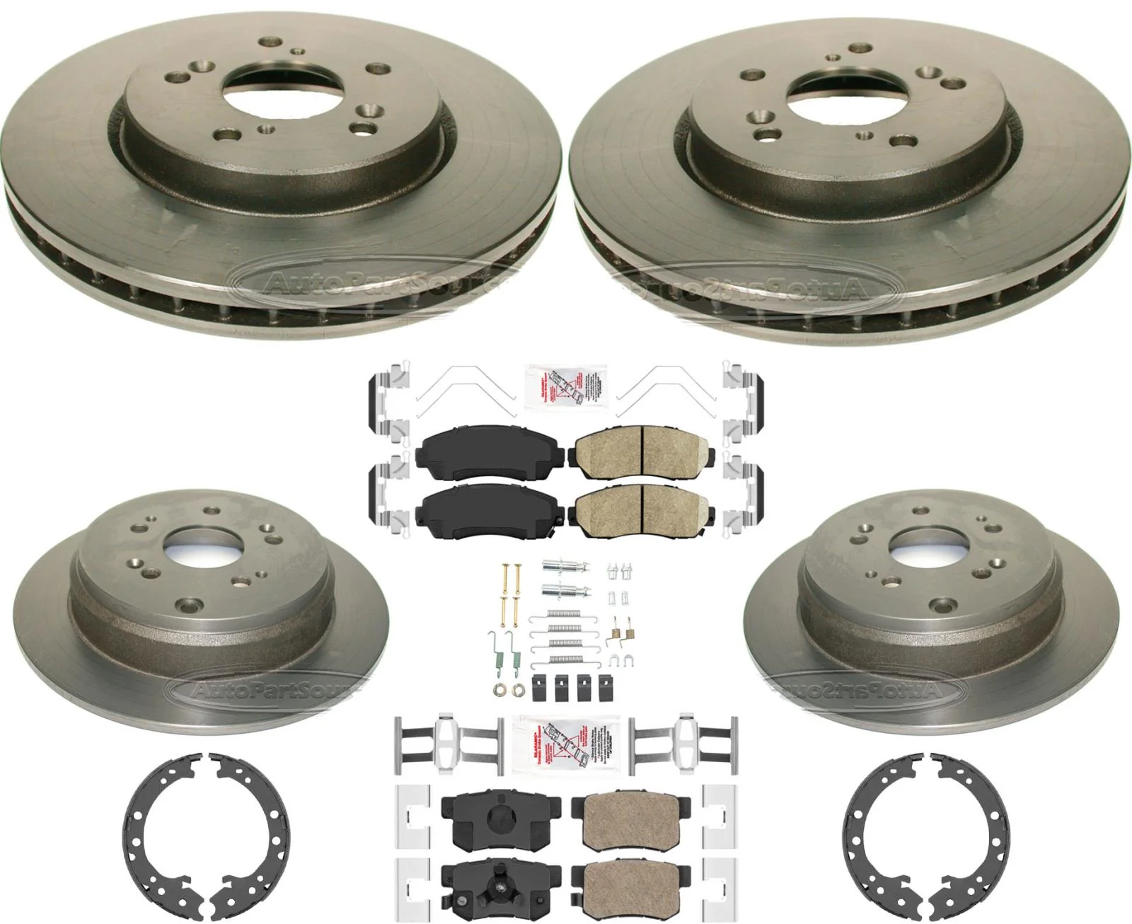 Frnt & Rr Carbon Coated Rotors Pads & Shoes For Honda CRV 12-16 All Wheel Drive