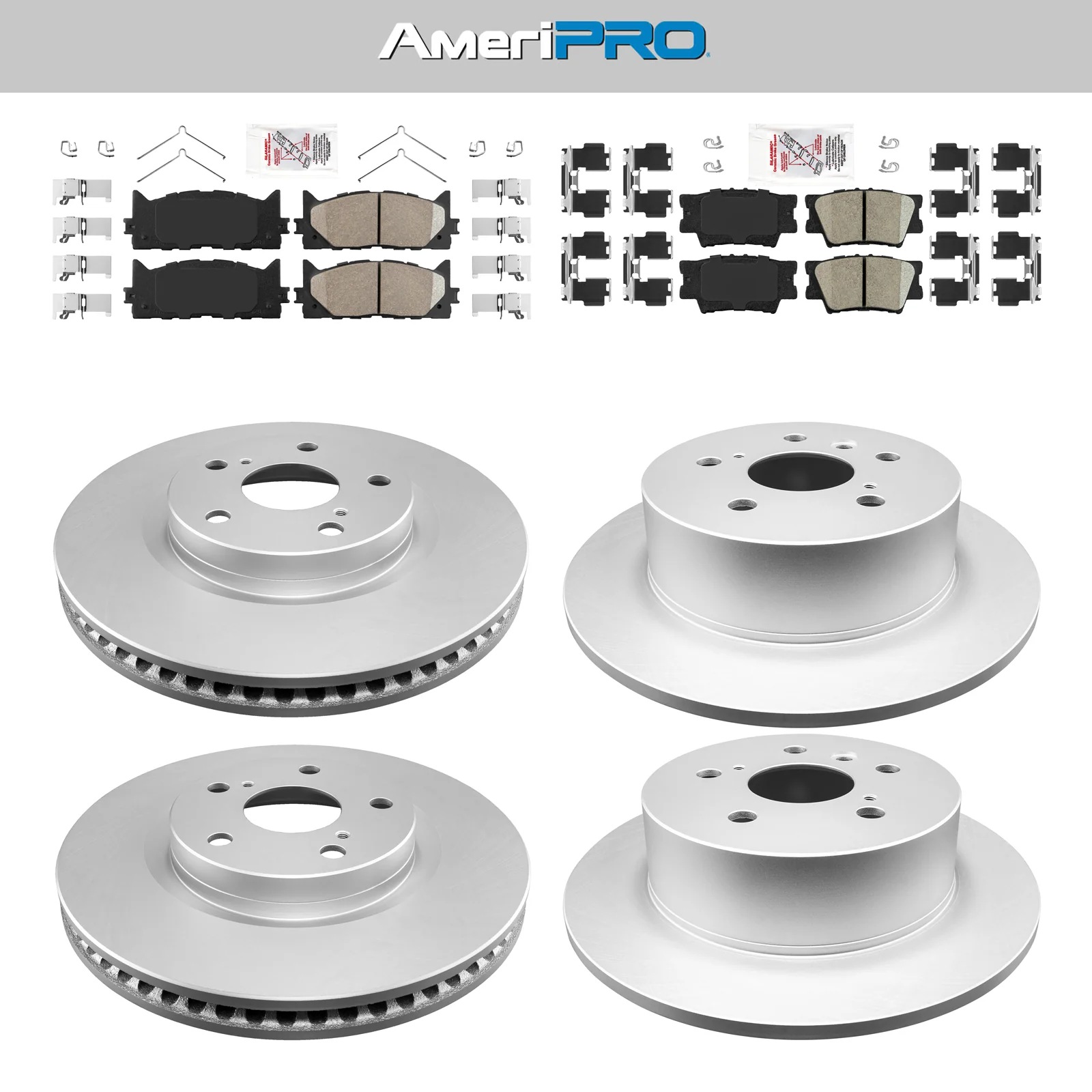 Front & Rear Ceramic Brake Pad Coated Rotors FOR 12-18 AVALON CAMRY ES300H ES350