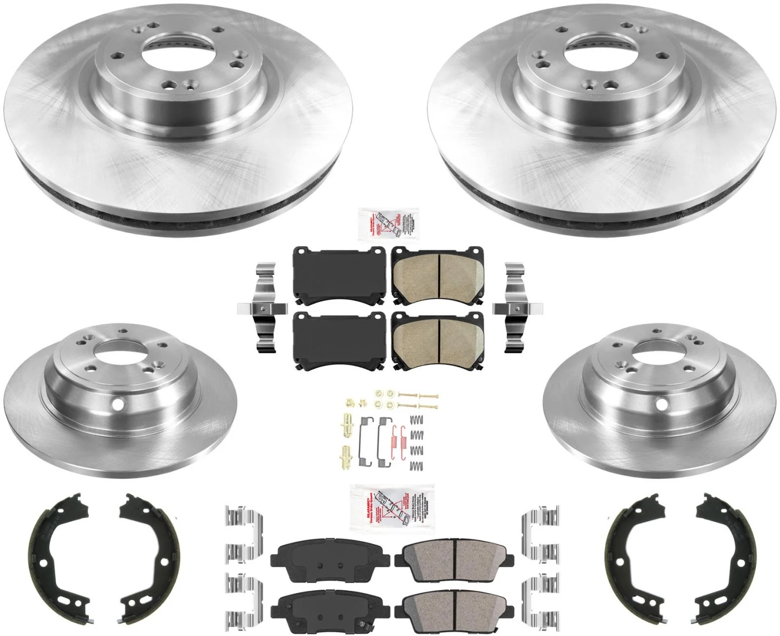Front & Rear Rotors Brake Pads Hardware For Hyundai Genesis 4.6L 4Door 2010-11